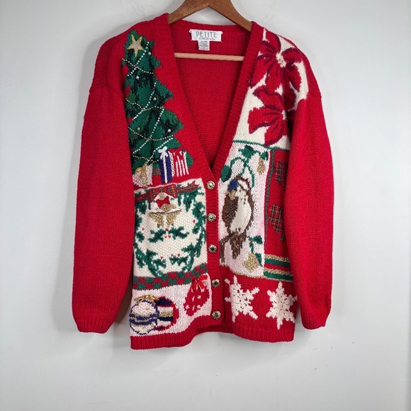 VTG 90s Xmas Cardigan P Patchwork Ugly Christmas Sweater Granny Bird Poinsettia - Picture 1 of 11